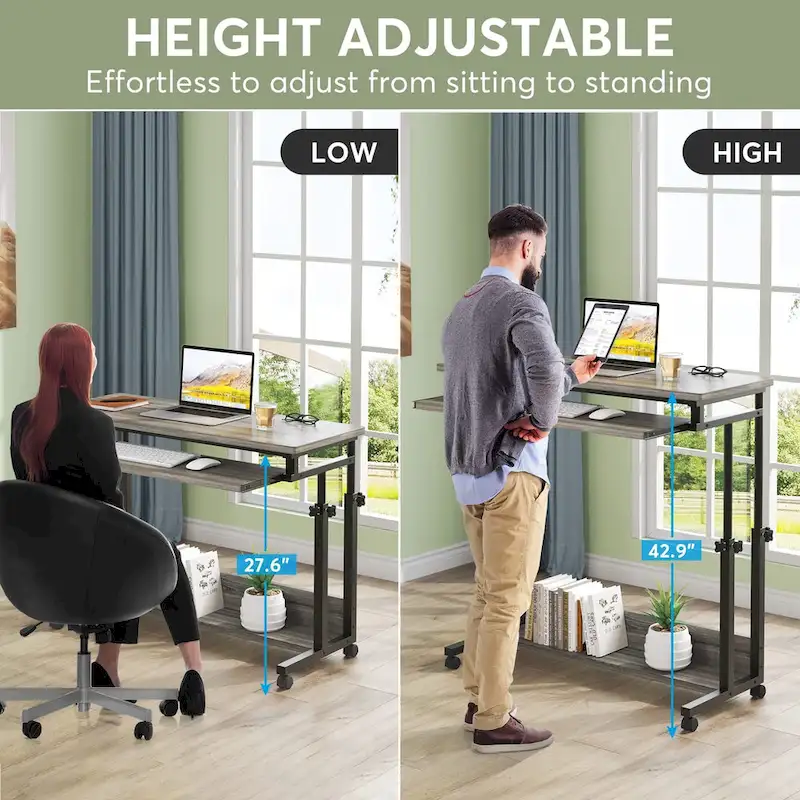 Bureau d'ordinateur portable portable réglable en hauteur avec plateau de clavier et roulettes