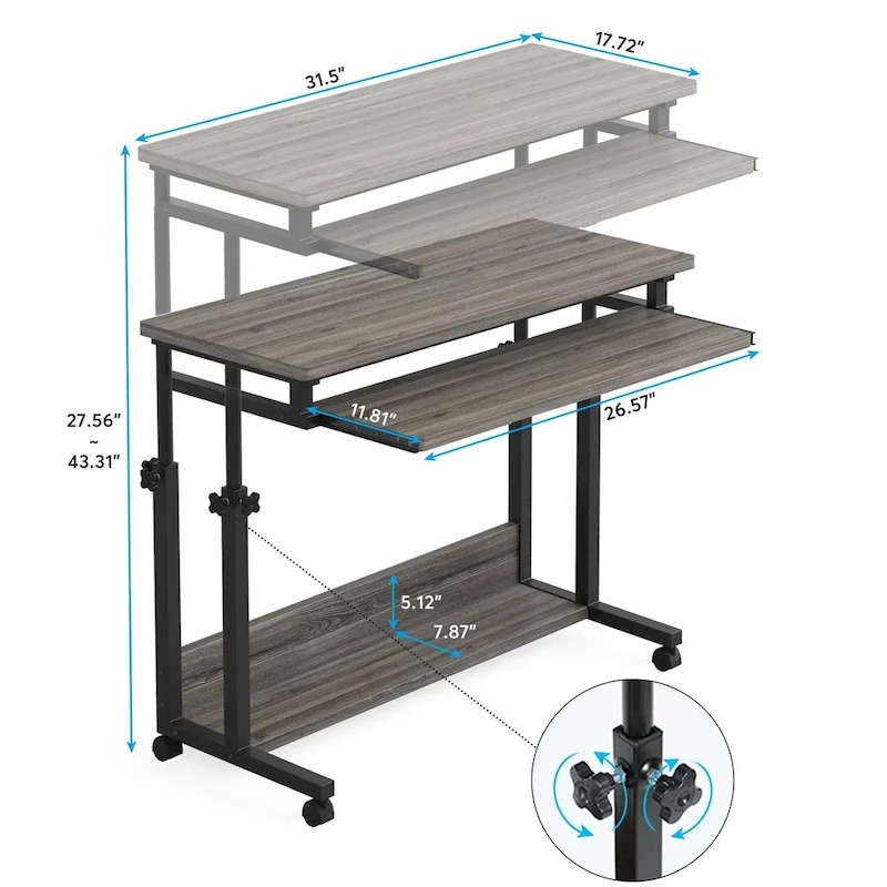 Bureau d'ordinateur portable portable réglable en hauteur avec plateau de clavier et roulettes