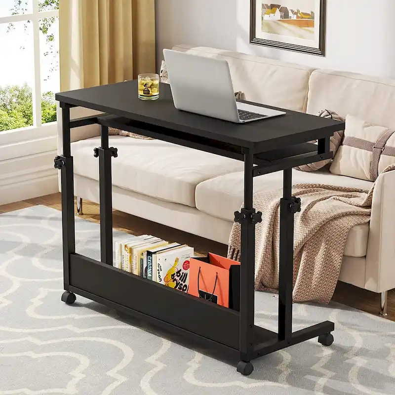 Bureau d'ordinateur portable portable réglable en hauteur avec plateau de clavier et roulettes