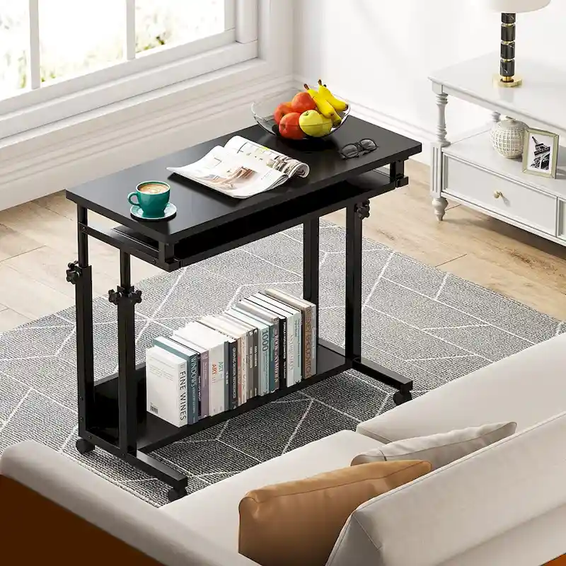 Bureau d'ordinateur portable portable réglable en hauteur avec plateau de clavier et roulettes