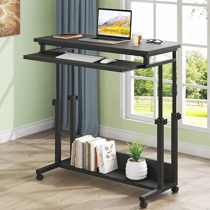 Bureau d'ordinateur portable portable réglable en hauteur avec plateau de clavier et roulettes