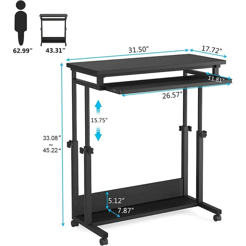 Bureau d'ordinateur portable portable réglable en hauteur avec plateau de clavier et roulettes