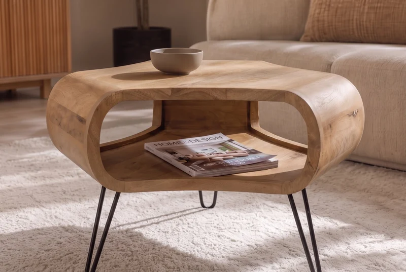 Table basse ORGANIC LIVING 70cm en bois de manguier finition crème naturelle avec pieds en épingle à cheveux