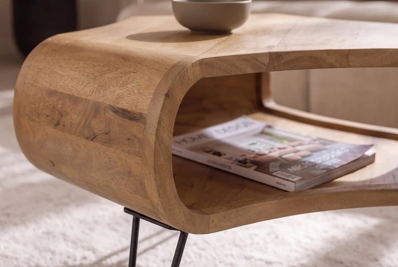 Table basse ORGANIC LIVING 70cm en bois de manguier finition crème naturelle avec pieds en épingle à cheveux