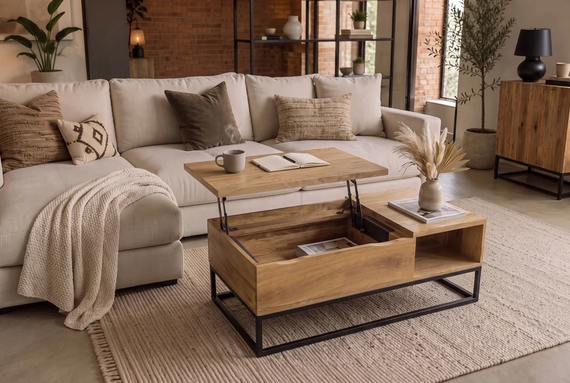 Table basse réglable en hauteur MAKASSAR FUNCTION 110cm en bois de manguier massif finition crème naturelle