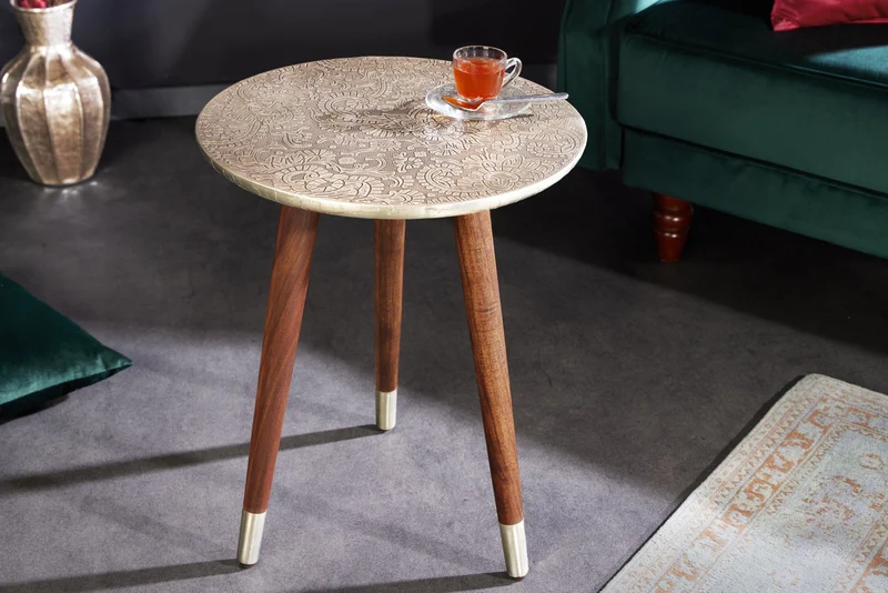 Table d’appoint design ALCAZAR 50cm métal argenté antique bois de manguier fait main ronde