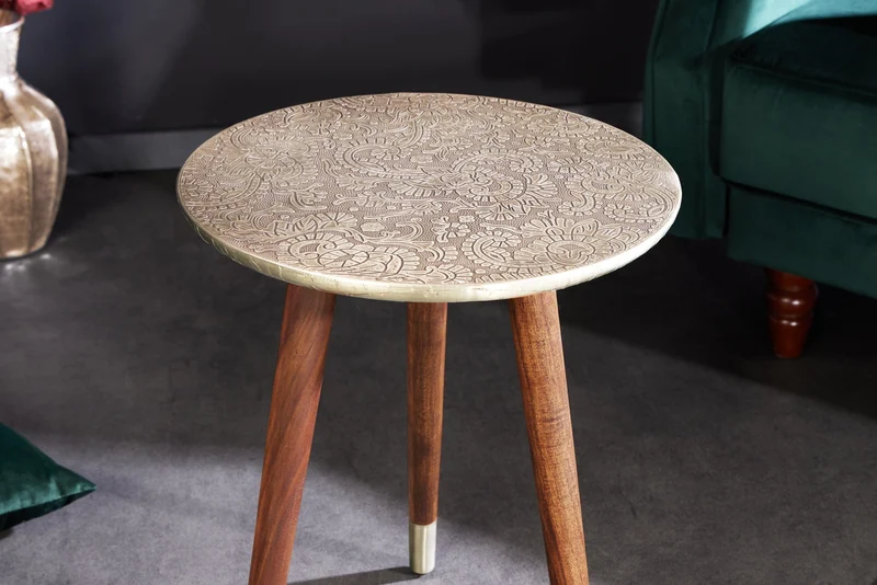 Table d’appoint design ALCAZAR 50cm métal argenté antique bois de manguier fait main ronde