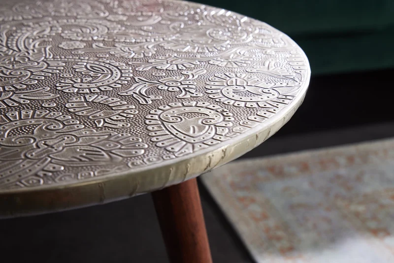 Table d’appoint design ALCAZAR 50cm métal argenté antique bois de manguier fait main ronde