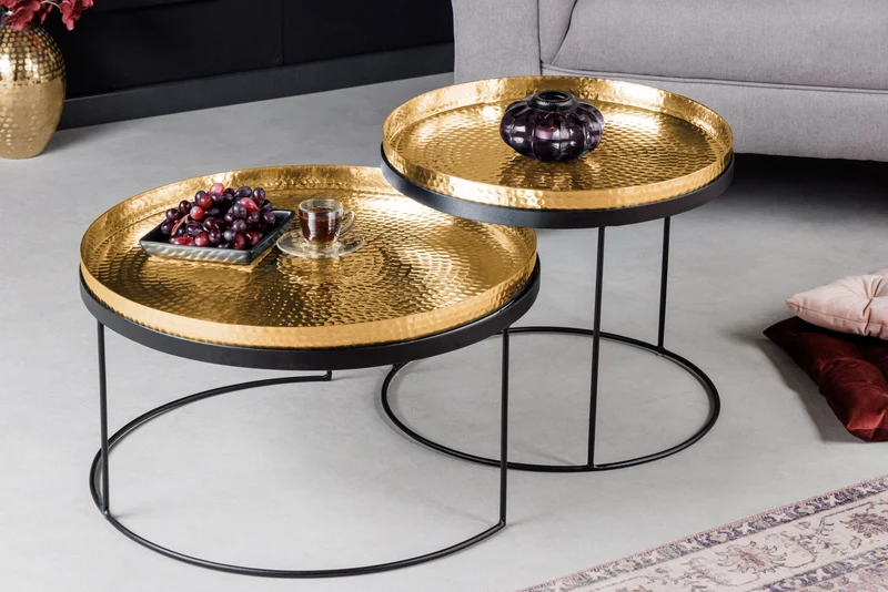 Lot de 2 tables basses rondes ELEMENTS 60cm plateau métal noir doré table d’appoint fait main