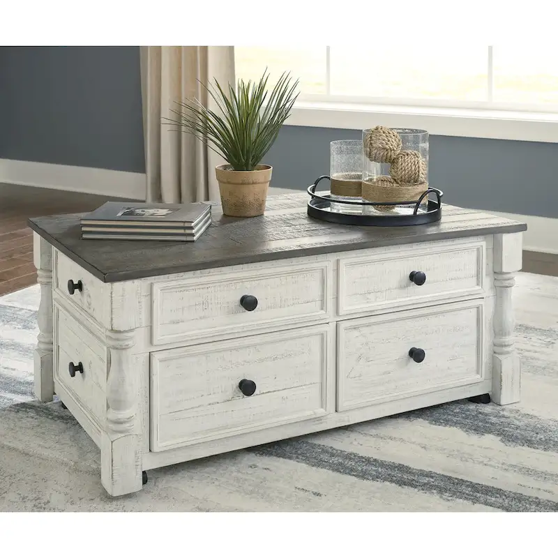 Table basse relevable de style campagnard avec 4 tiroirs et un plateau caché
