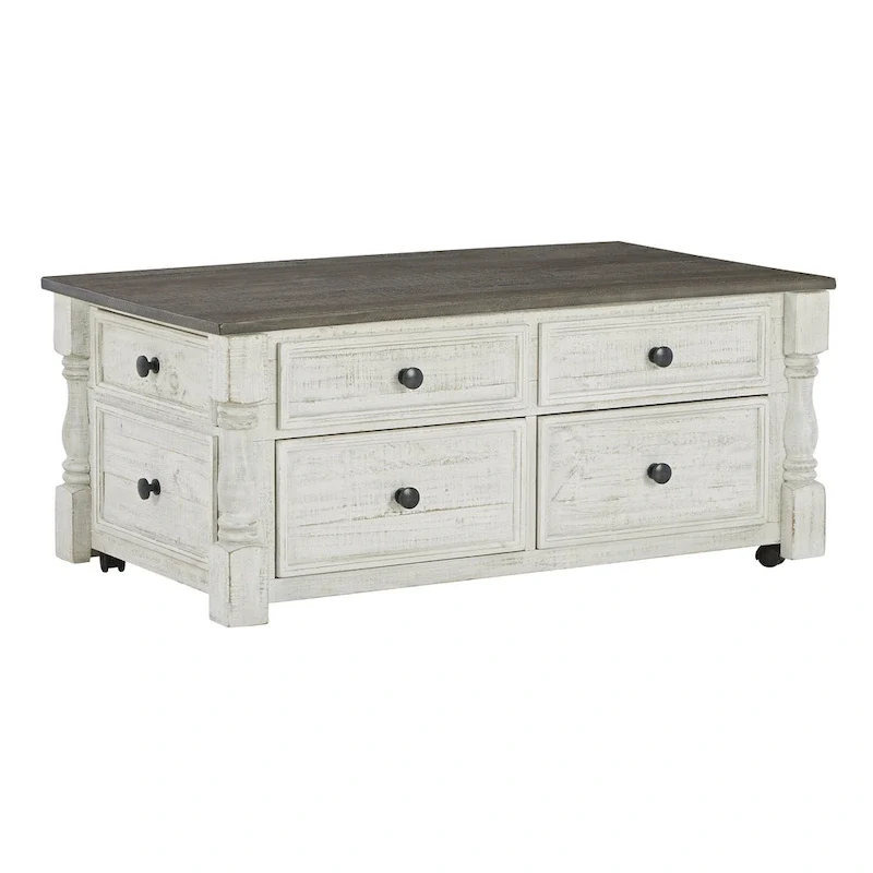 Table basse relevable de style campagnard avec 4 tiroirs et un plateau caché