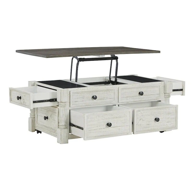 Table basse relevable de style campagnard avec 4 tiroirs et un plateau caché