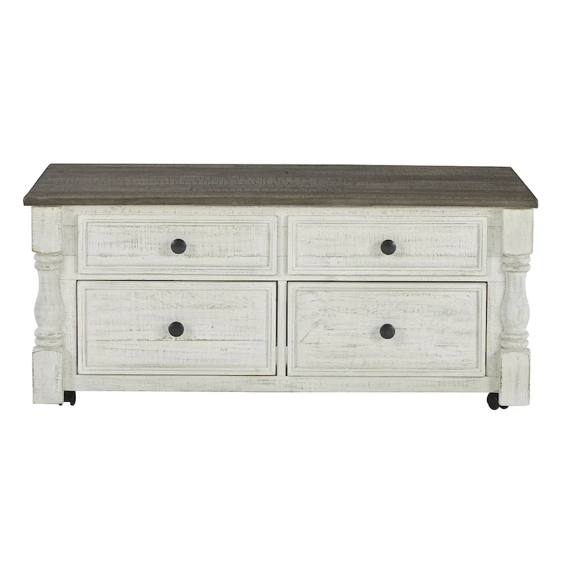 Table basse relevable de style campagnard avec 4 tiroirs et un plateau caché