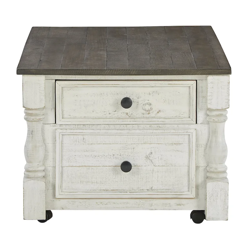 Table basse relevable de style campagnard avec 4 tiroirs et un plateau caché