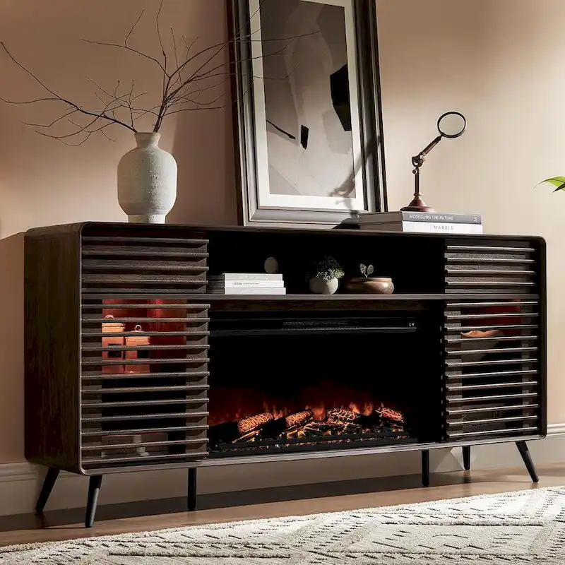 Meuble TV moderne du milieu du siècle avec insert de cheminée électrique de 36 pouces