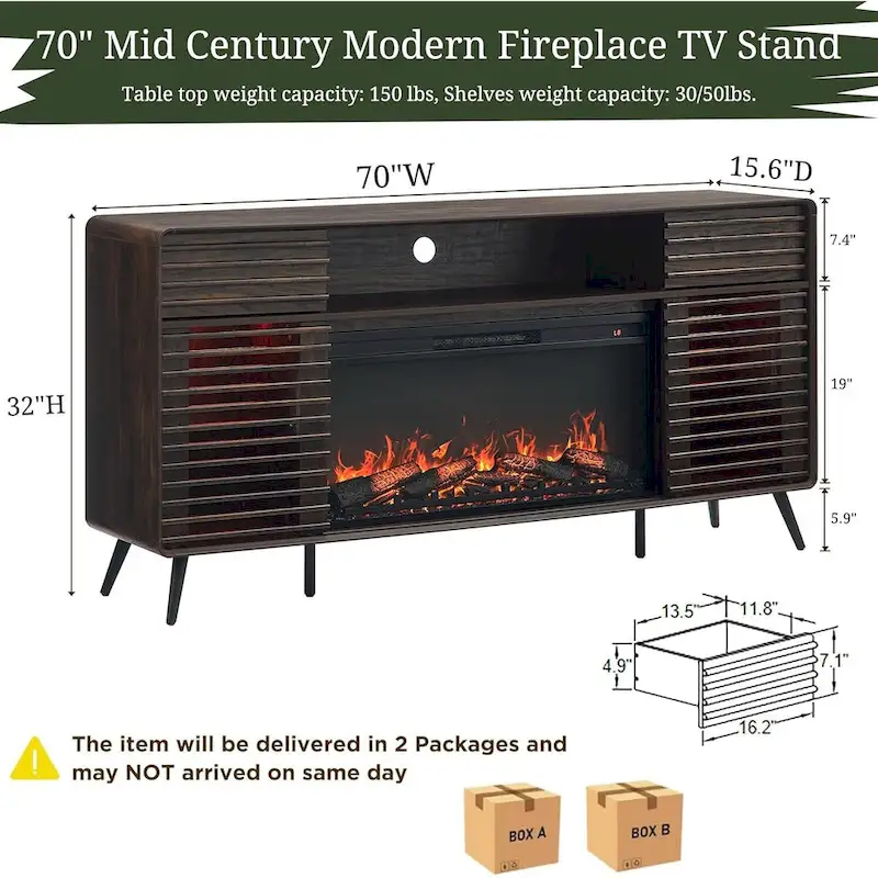 Meuble TV moderne du milieu du siècle avec insert de cheminée électrique de 36 pouces
