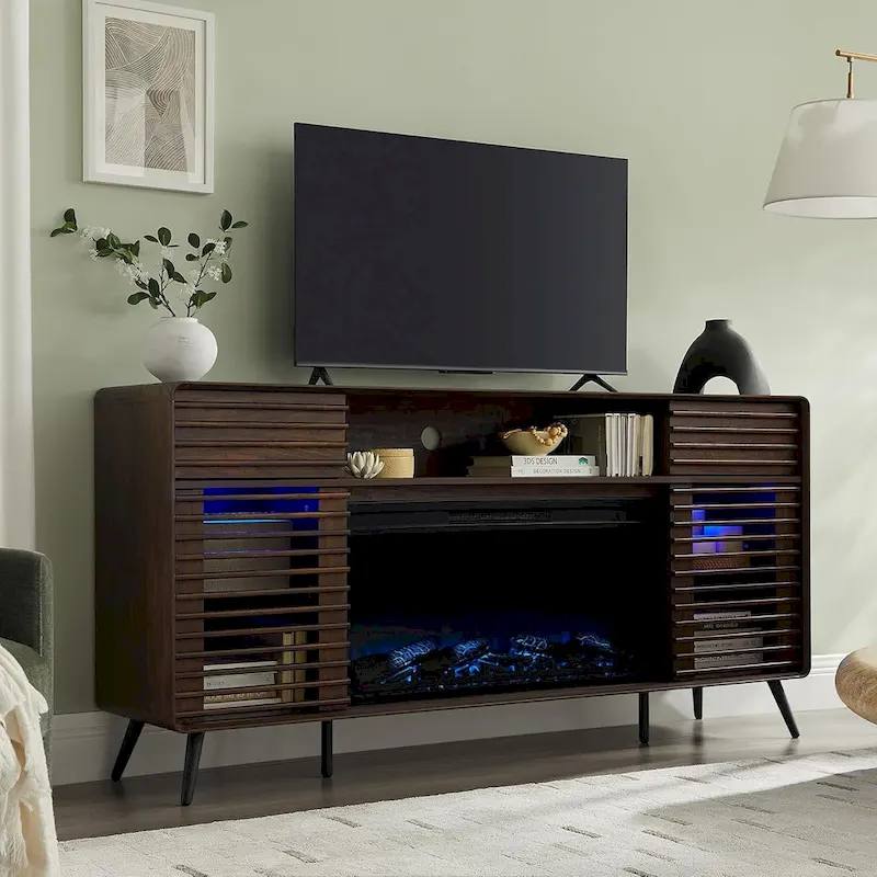 Meuble TV moderne du milieu du siècle avec insert de cheminée électrique de 36 pouces