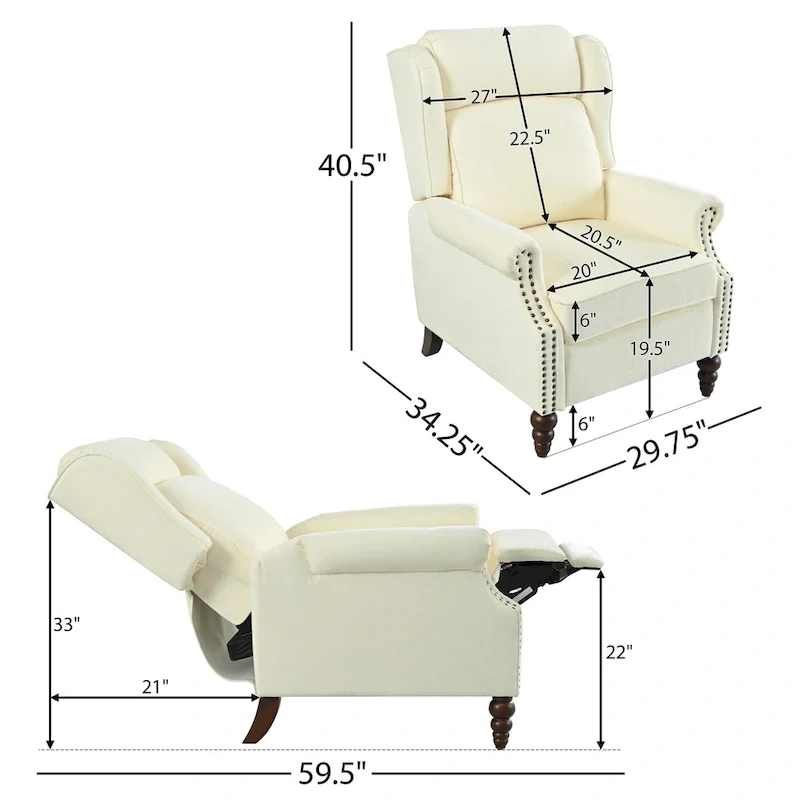 Fauteuil inclinable Wingback avec clous décoratifs et pieds en bois