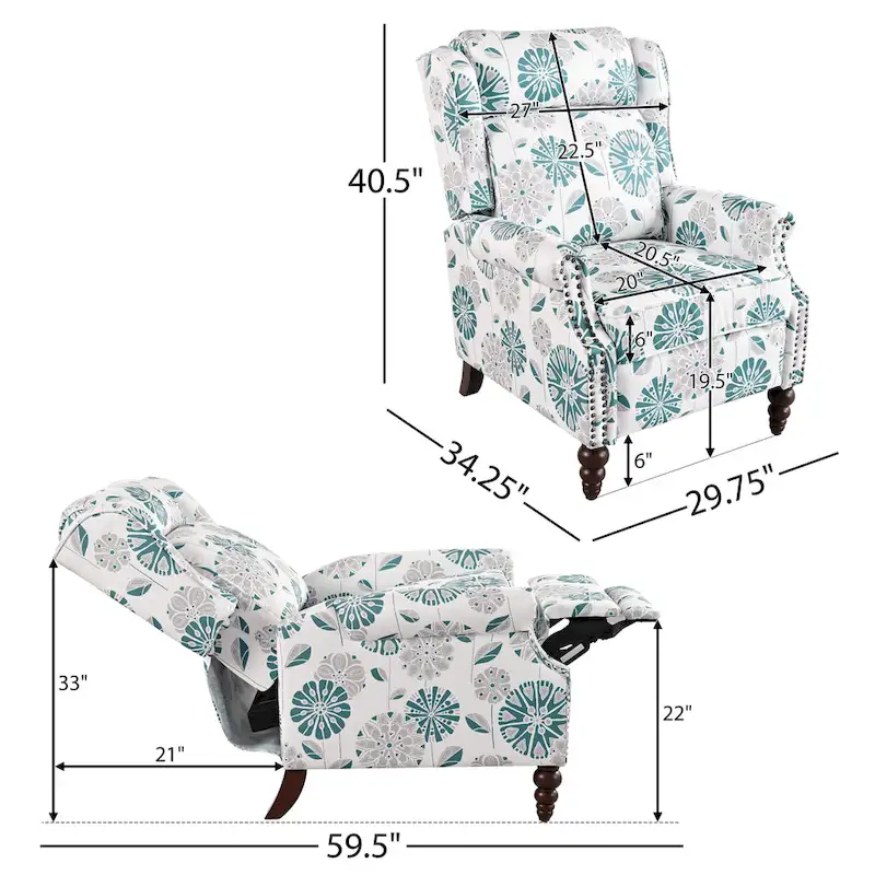 Fauteuil inclinable Wingback avec clous décoratifs et pieds en bois