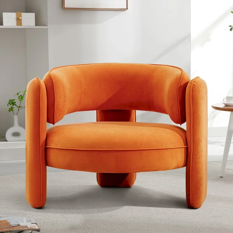 Fauteuil d'appoint en velours à dossier rond avec cadre en bois massif et pieds en bois d'hévéa