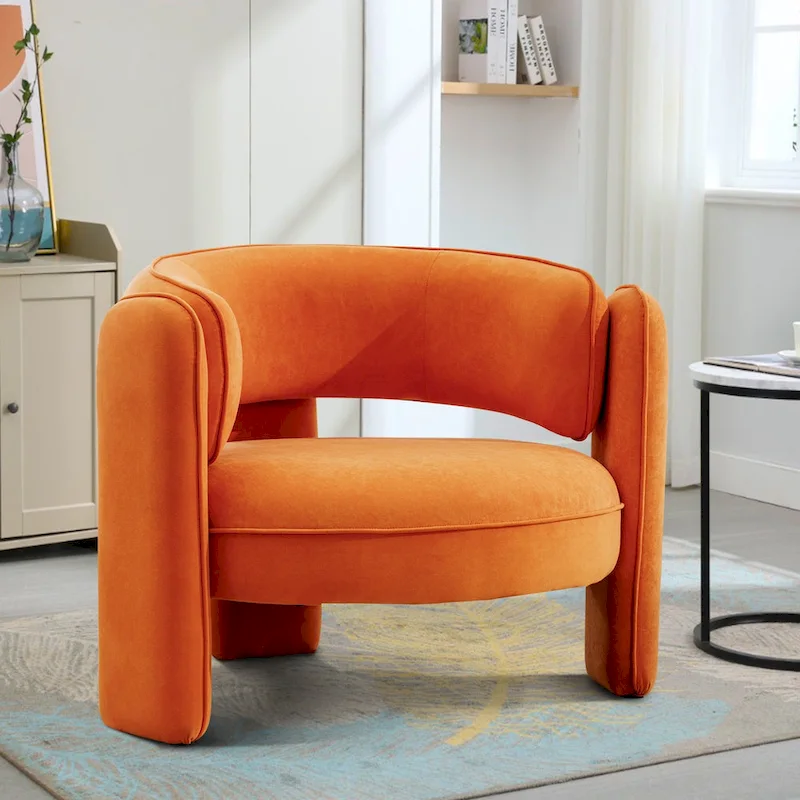 Fauteuil d'appoint en velours à dossier rond avec cadre en bois massif et pieds en bois d'hévéa