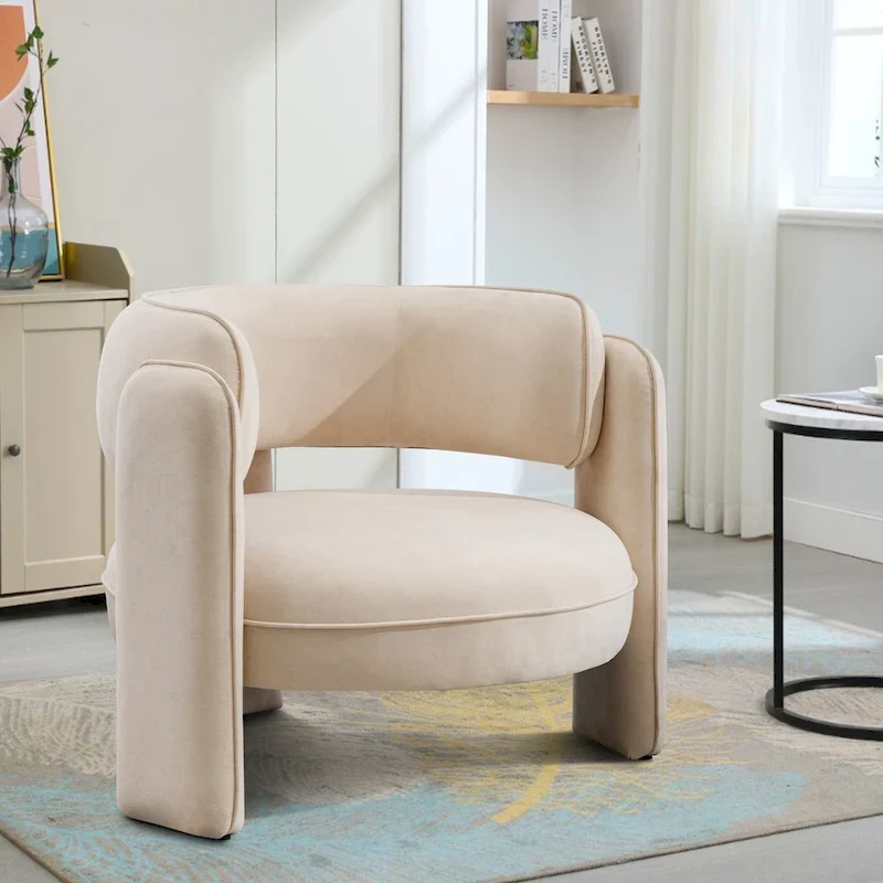 Fauteuil d'appoint en velours à dossier rond avec cadre en bois massif et pieds en bois d'hévéa