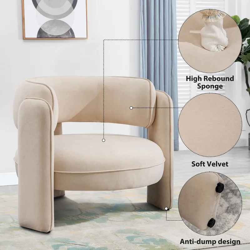 Fauteuil d'appoint en velours à dossier rond avec cadre en bois massif et pieds en bois d'hévéa