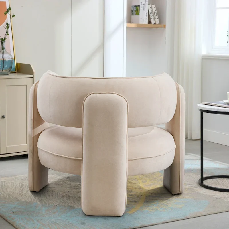 Fauteuil d'appoint en velours à dossier rond avec cadre en bois massif et pieds en bois d'hévéa