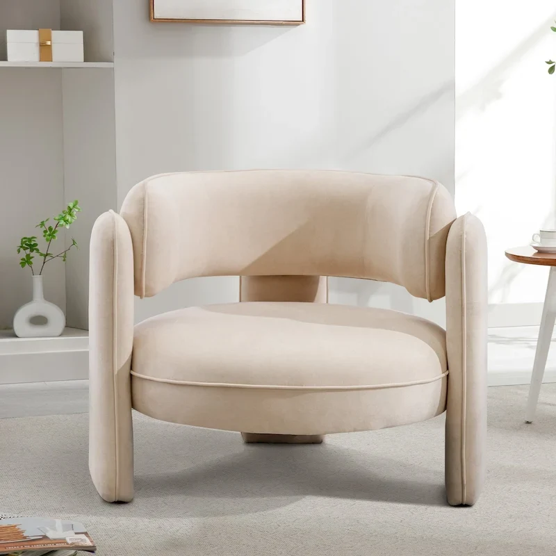 Fauteuil d'appoint en velours à dossier rond avec cadre en bois massif et pieds en bois d'hévéa