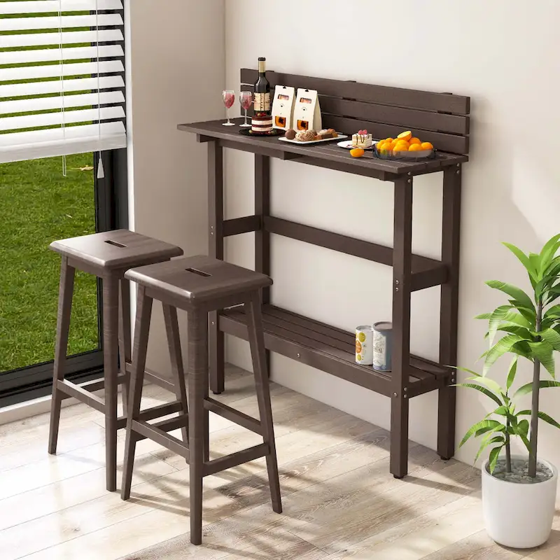 Table de bar extérieure de 48 pouces avec étagère de rangement, déflecteur anti-chute et patins réglables