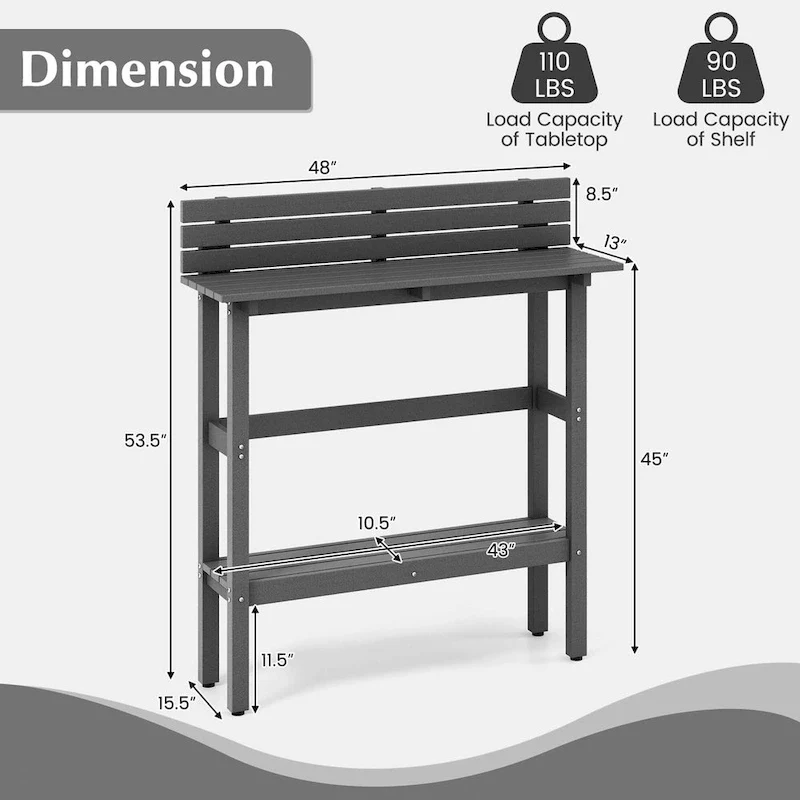 Table de bar extérieure de 48 pouces avec étagère de rangement, déflecteur anti-chute et patins réglables