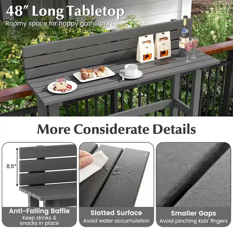 Table de bar extérieure de 48 pouces avec étagère de rangement, déflecteur anti-chute et patins réglables