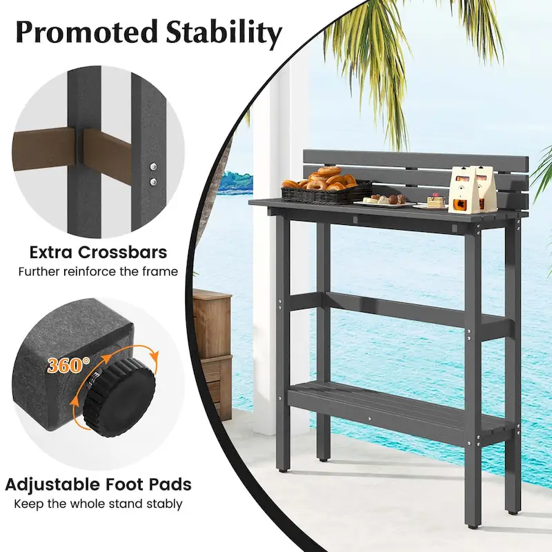Table de bar extérieure de 48 pouces avec étagère de rangement, déflecteur anti-chute et patins réglables