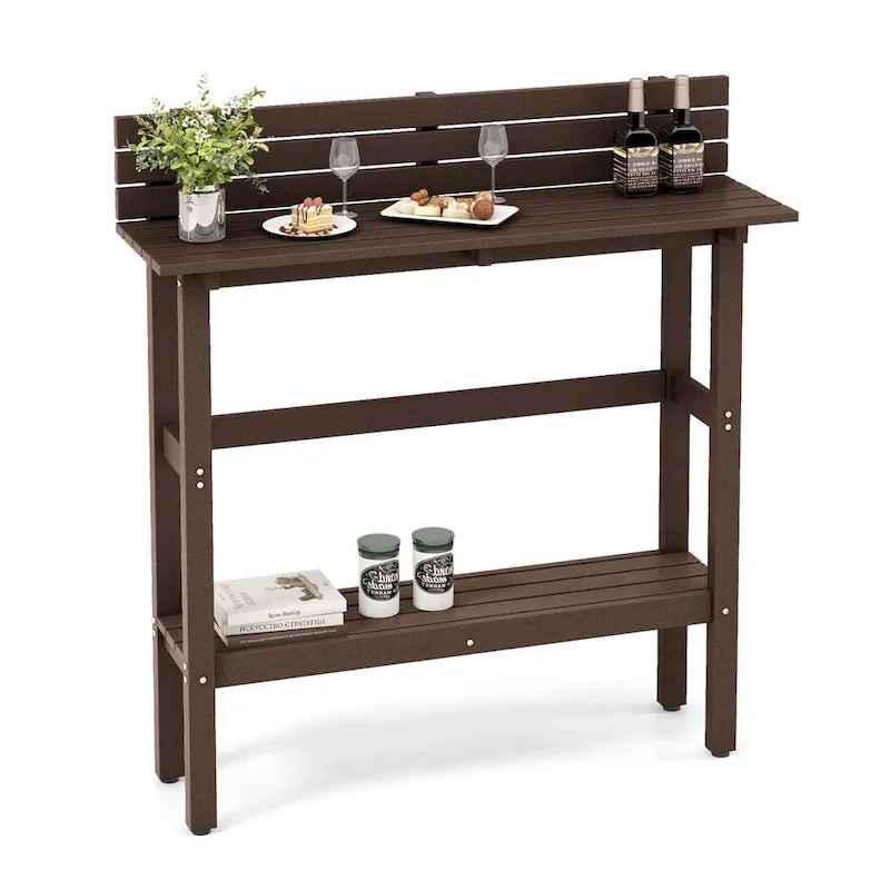 Table de bar extérieure de 48 pouces avec étagère de rangement, déflecteur anti-chute et patins réglables