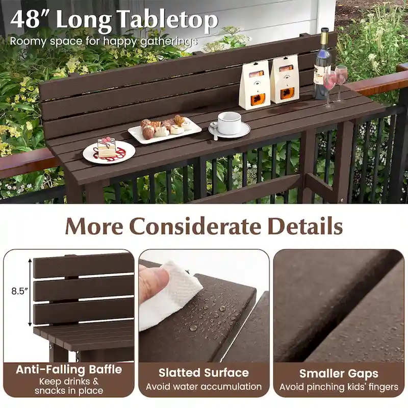 Table de bar extérieure de 48 pouces avec étagère de rangement, déflecteur anti-chute et patins réglables
