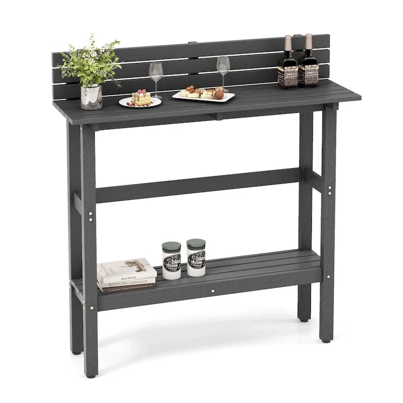 Table de bar extérieure de 48 pouces avec étagère de rangement, déflecteur anti-chute et patins réglables
