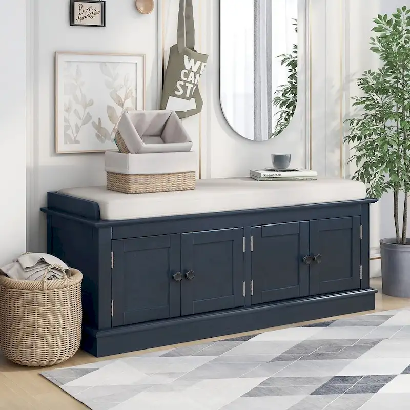 Banc de rangement capitonné avec 4 portes magnétiques et étagère réglable pour entrée