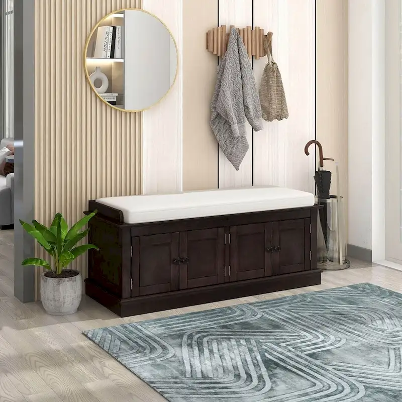 Banc de rangement capitonné avec 4 portes magnétiques et étagère réglable pour entrée