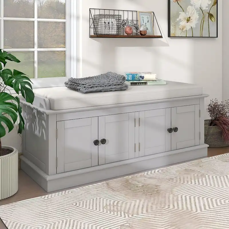 Banc de rangement capitonné avec 4 portes magnétiques et étagère réglable pour entrée