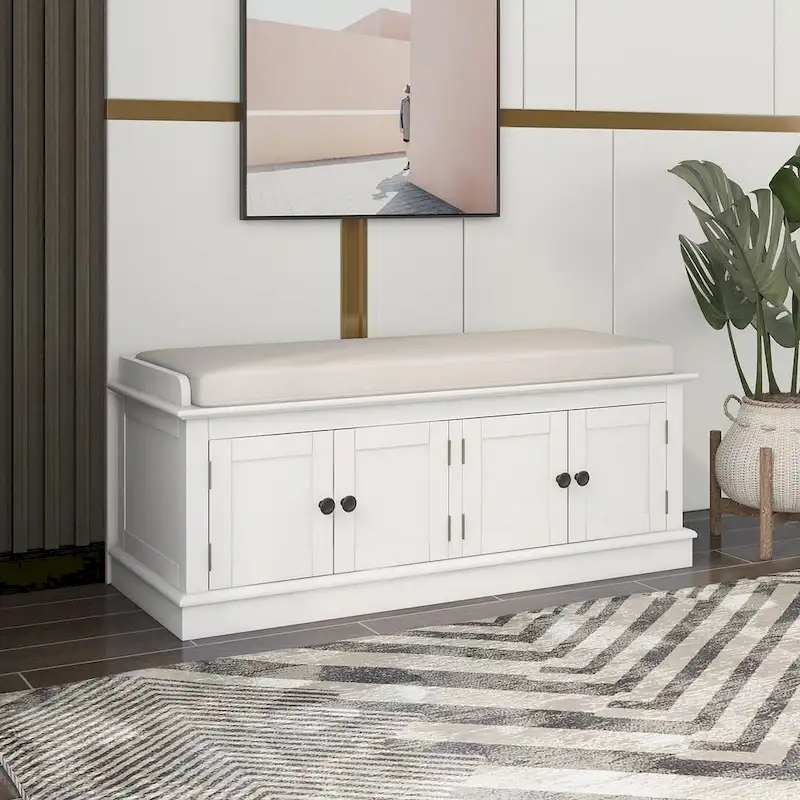 Banc de rangement capitonné avec 4 portes magnétiques et étagère réglable pour entrée
