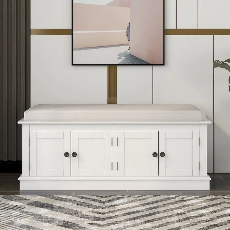 Banc de rangement capitonné avec 4 portes magnétiques et étagère réglable pour entrée