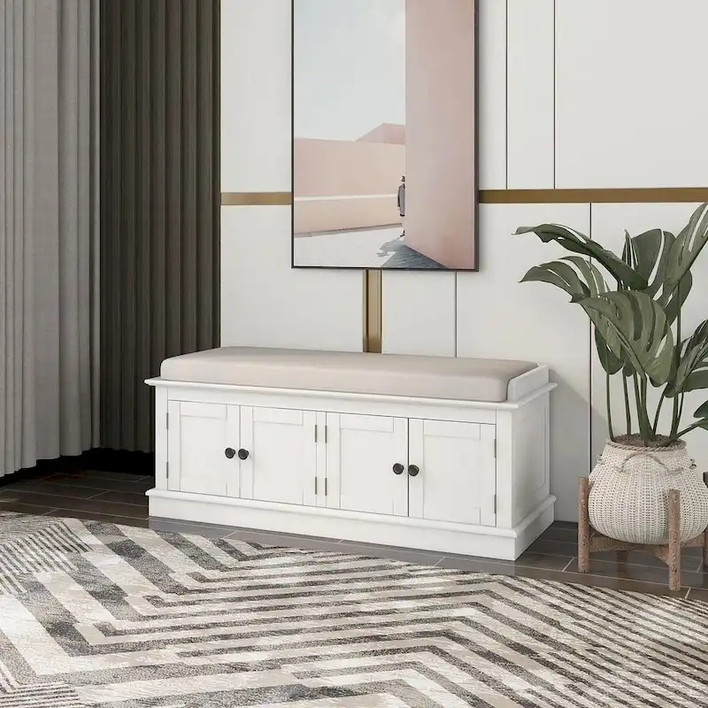Banc de rangement capitonné avec 4 portes magnétiques et étagère réglable pour entrée