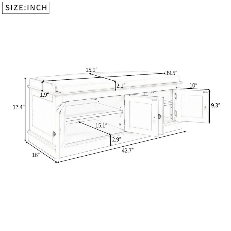 Banc de rangement capitonné avec 4 portes magnétiques et étagère réglable pour entrée