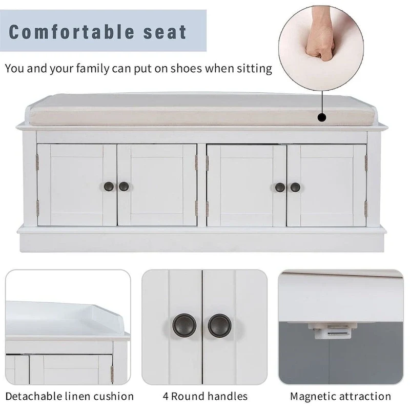 Banc de rangement capitonné avec 4 portes magnétiques et étagère réglable pour entrée