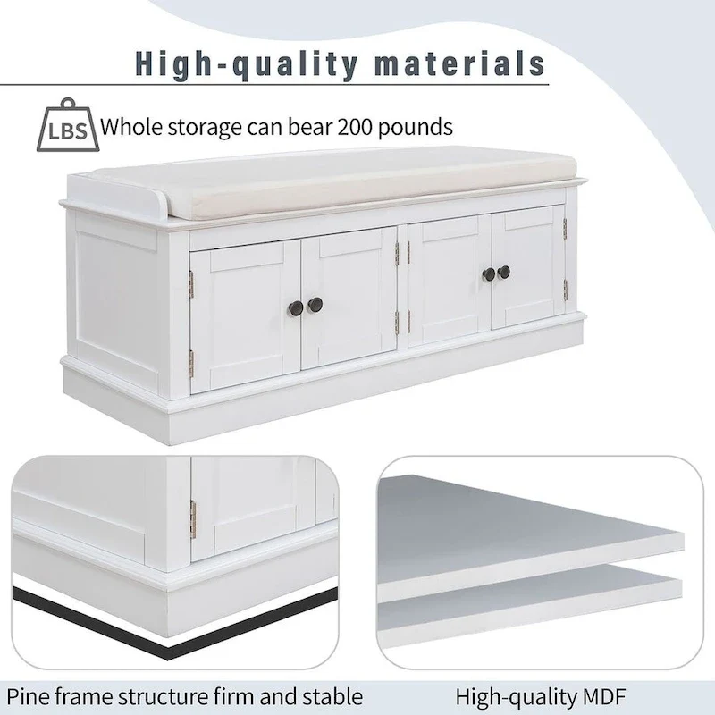 Banc de rangement capitonné avec 4 portes magnétiques et étagère réglable pour entrée