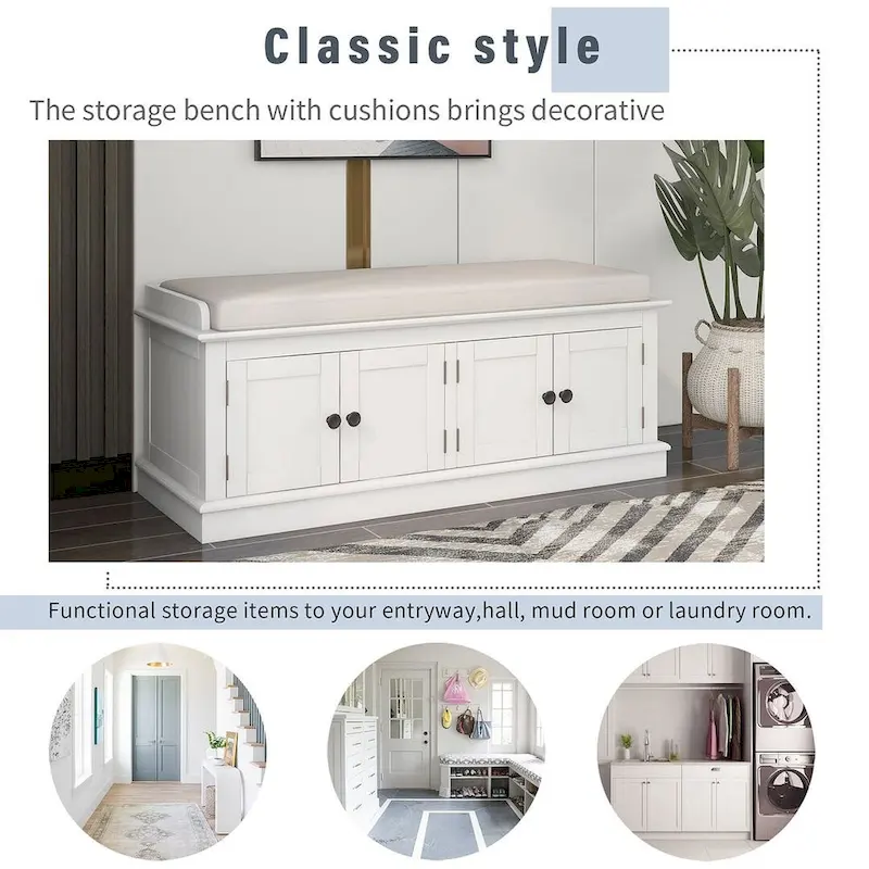 Banc de rangement capitonné avec 4 portes magnétiques et étagère réglable pour entrée