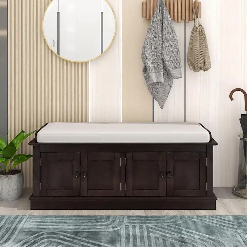 Banc de rangement capitonné avec 4 portes magnétiques et étagère réglable pour entrée