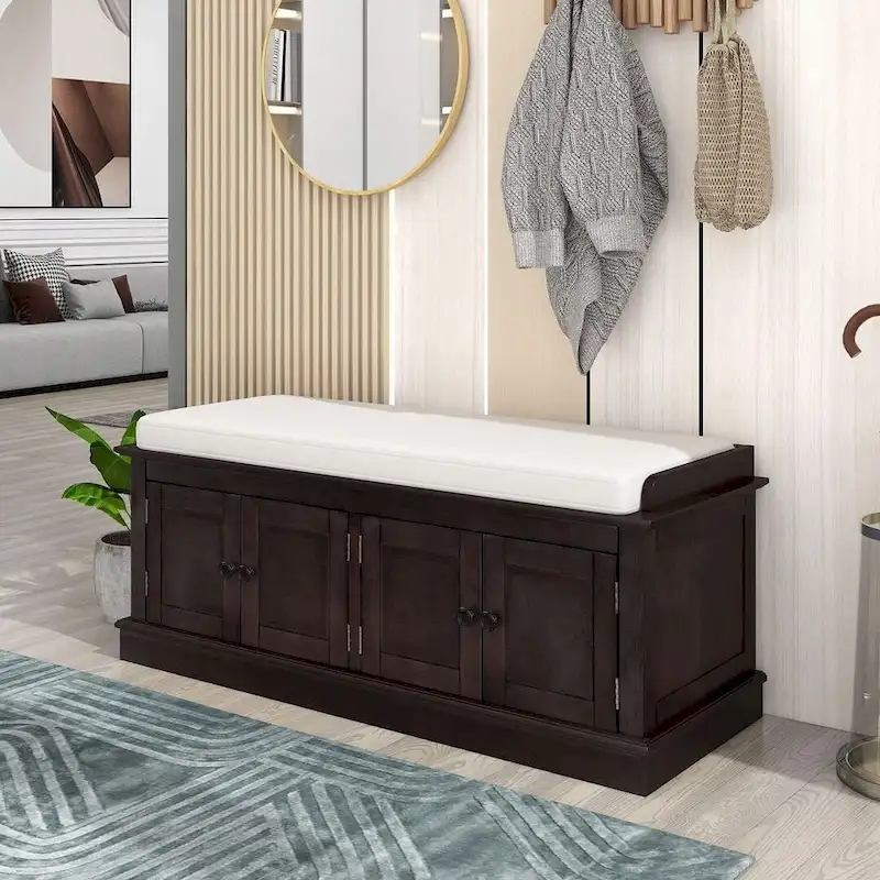 Banc de rangement capitonné avec 4 portes magnétiques et étagère réglable pour entrée