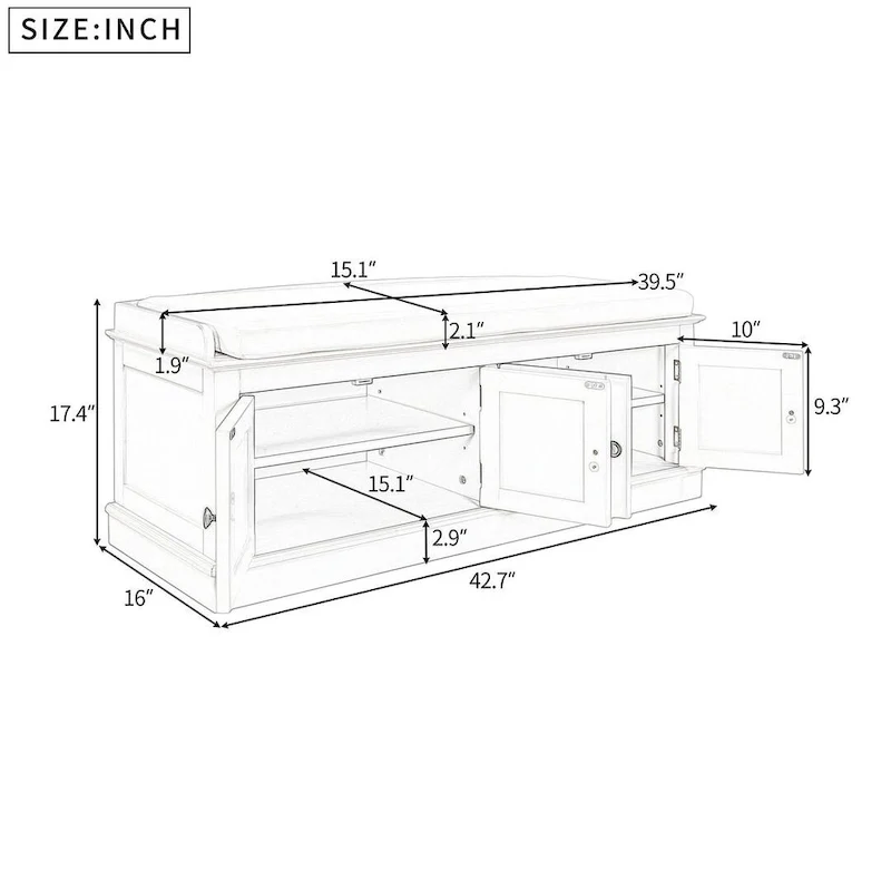 Banc de rangement capitonné avec 4 portes magnétiques et étagère réglable pour entrée