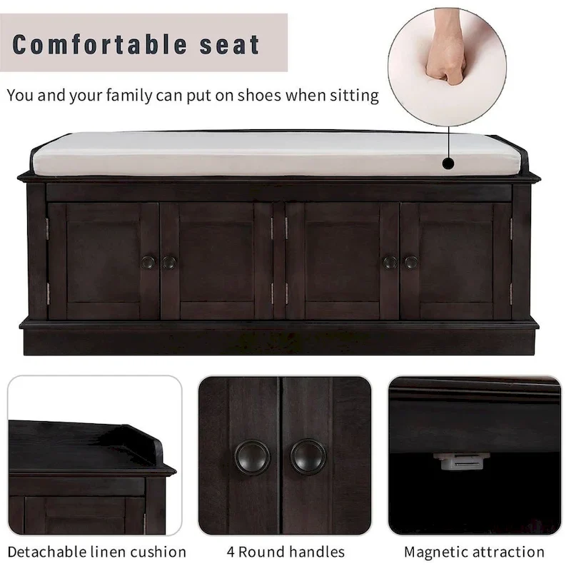 Banc de rangement capitonné avec 4 portes magnétiques et étagère réglable pour entrée